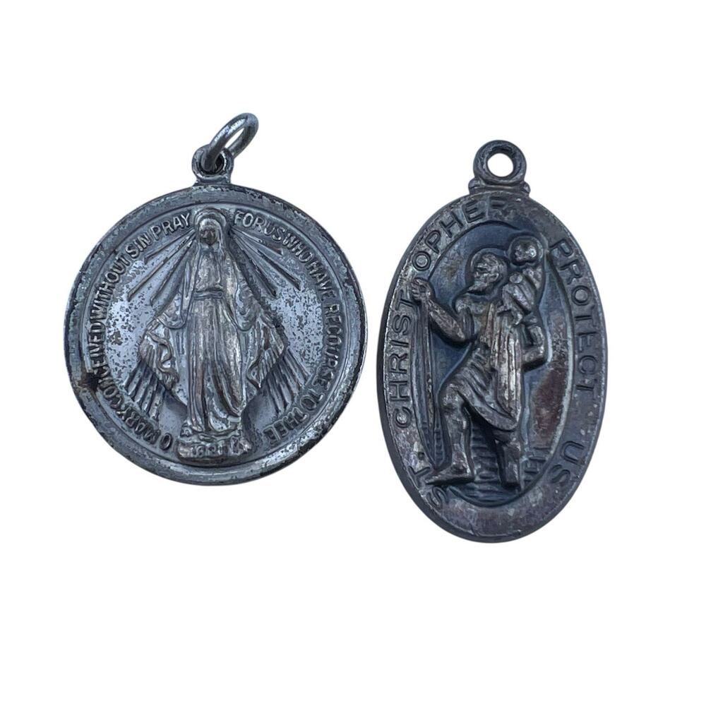 Lot of 2 Vintage Religious Pendants Sterling Silver St. Christopher & Mary